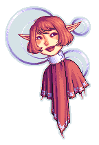 pixel doll, bust-up, of an elf with golden apricot skin, flushed cheeks and nose, full lips with raisin lipstick, a cute bob in a dusty sunset tone, a bulky metal collar in silver with purple undertones, ragged capelet in a slightly darker sunset colour with silver embroidery, silvery hoops floating behind her as a background decoration, pale blue background